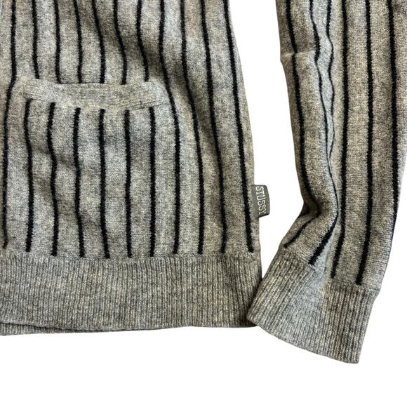 Stussy Wool Knit Cardigan S gray/black pinstripe patch pockets skate style - Picture 3 of 10